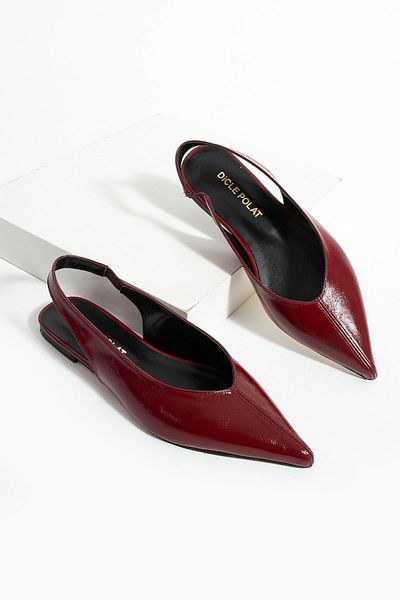 diclepolat Peras Burgundy Patterned Patent Leather Rubber Detailed Short Heeled Women's Ballerinas
