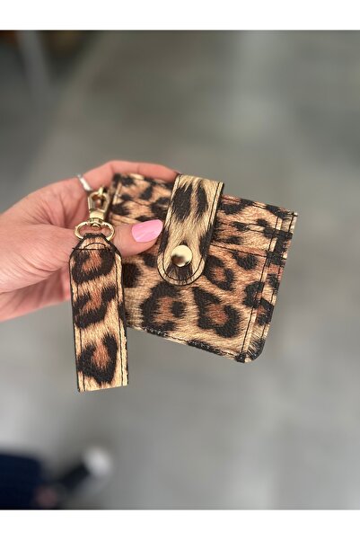 Melos Butik Women's Minimal Card Holder Detailed Wallet with Leopard Keychain Accessory