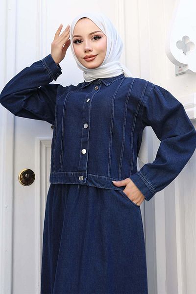 benguen Buttoned Jacket and Skirt Denim Suit Navy Blue 2105