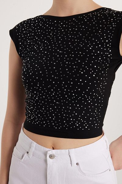Tudors Γυναικεία Slim Fit Zero Sleeve εμπριμέ πέτρινη μαύρη μπλούζα