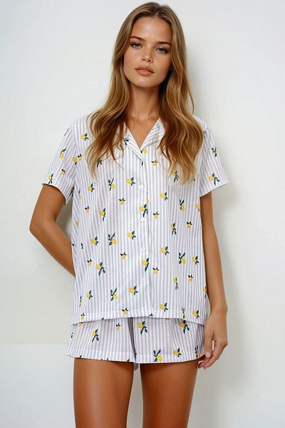 VAGGON Stripe Patterned Knitted Cotton Shirt and Shorts Pajama Set