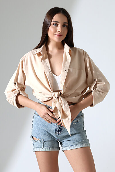 Corradeo Giyim New Season Oversize Pattern Linen Fabric Applique Women's Shirt with Pockets and Epaulettes