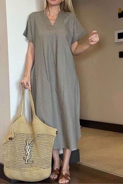 Suzi butik Γυναικείο φόρεμα από λινό χακί V λαιμόκοψη - Ham 3131