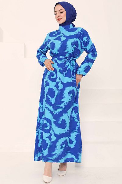 TOFİSA Patterned Belted Dress Blue - 27039