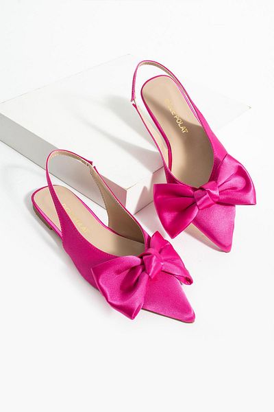 diclepolat Zeyna Fuchsia Satin Bow Detailed Pointed Toe Women's Ballerina Shoes