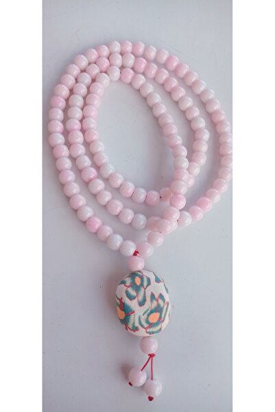 PİRAMİGO Şeftali Pembesi Cam 108 Boncuk Mala Uzun Kolye