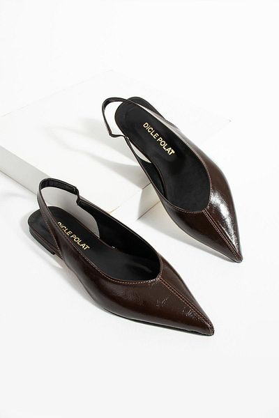 diclepolat Peras Brown Patterned Patent Leather Rubber Detailed Short Heeled Women's Ballerinas