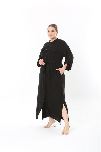 Şans Women's Plus Size Black, Front Length Button, Adjustable Sleeve, Belted Long Dress 65N38957