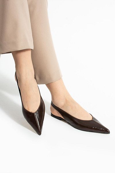 diclepolat Peras Brown Patterned Patent Leather Rubber Detailed Short Heeled Women's Ballerinas