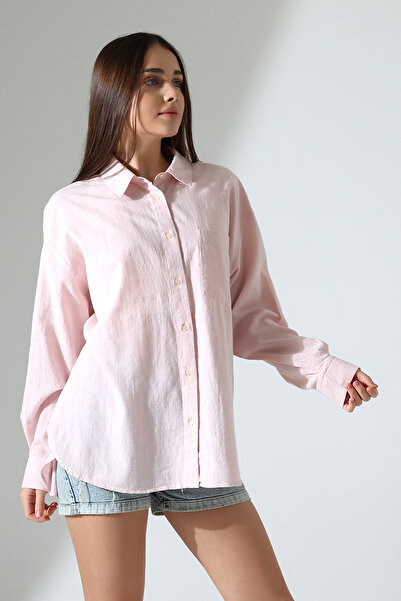 Corradeo Giyim New Season Oversize Pattern Linen Fabric Applique Women's Shirt with Pockets and Epaulettes
