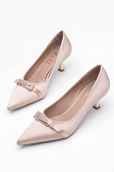 Tasarım Kadın Saten Kumaş Tokalı İnce Topuklu Ayakkabı - Zarif Taş Detaylı Küçük Topuklu Abiye