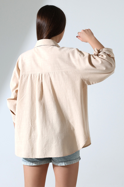 Corradeo Giyim New Season Oversize Pattern Linen Fabric Applique Women's Shirt with Pockets and Epaulettes