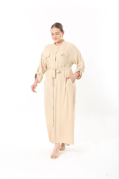 Şans Women's Plus Size Beige, Front Length Button, Adjustable Sleeve, Belted Long Dress 65N38957