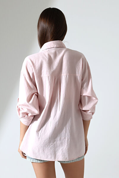 Corradeo Giyim New Season Oversize Pattern Linen Fabric Applique Women's Shirt with Pockets and Epaulettes