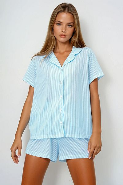 VAGGON Set de pijamale pentru femei, cămașă și pantaloni scurți din bumbac tricotat cu model linie albastră Pjmx13884