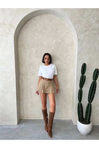 Ecenin Favorileri Beige Gabardine Pleated Women's Shorts Skirt