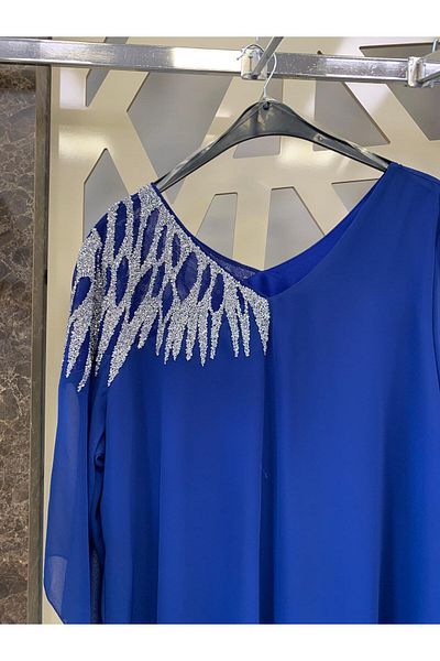 günay boutıque Large Size One Shoulder Stone Embroidered Blouse - Sax Blue