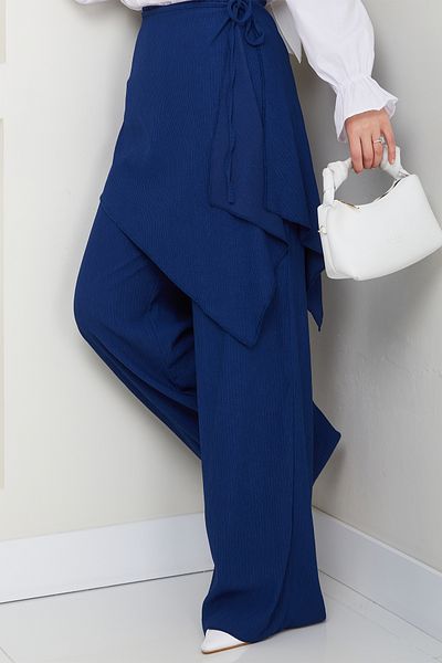InStyle Navy Blue Crepe Trousers with Cross Tie Detail