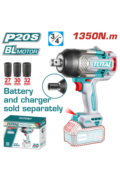 TOTAL Akülü Kömürsüz Somun Sıkma 1350 Nm Tork ve Aksesuar Seti TIWLI201351 (S...