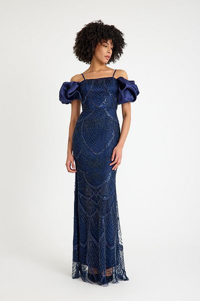 SpringStore Navy Blue Off Shoulder Beaded Evening Dress