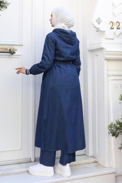 Modamihram Elastic Waist Hooded Denim Suit Dark Blue 19370