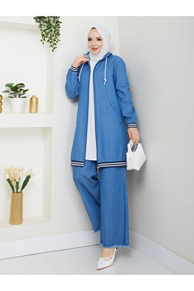 KMKkombin بدلة نسائية من قماش الدنيم الرقيق بغطاء للرأس وأكمام مطاطية