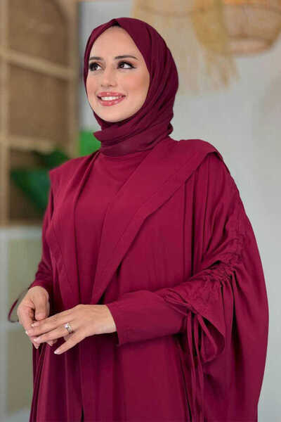 Bym Fashion Hooded Abaya and Dress Double Set 70013 Burgundy