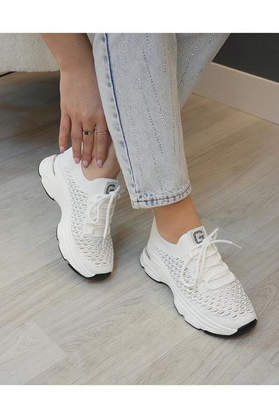 Guja 24Y309 Women's White Silvery Stone Shiny Knitwear Orthopedic Comfortable Daily Walking Sneaker Sports Shoes