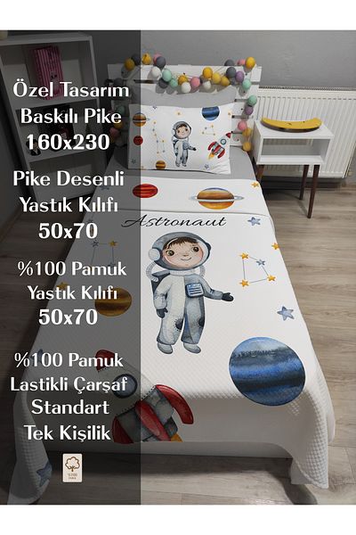 yok yok evim eve dair her şey 4 Piece Astronaut Patterned Single Pique Bedspread Set with Elastic Sheets