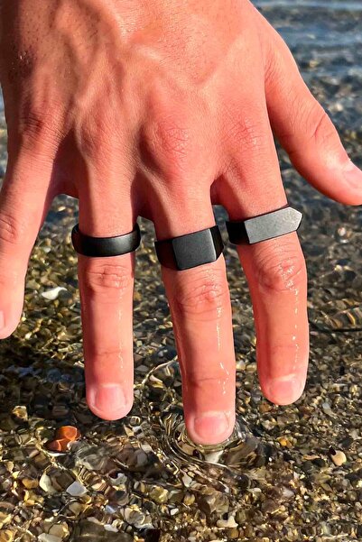 TREND COLLECTİON Set of 3 Black Classic Model Adjustable Men's Rings