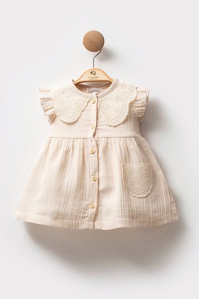 Cassiope Short Sleeve Lace Collar Muslin Fabric Cotton Summer Front Buttoned Special Occasion Baby Girl Dress