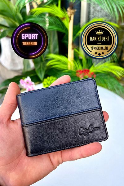 CüzCan Ανδρικό πορτοφόλι από γνήσιο δέρμα Frankfurt Black-Navy Blue Sports Model (Προσωποποιημένο Όνομα Εκτυπωμένο)