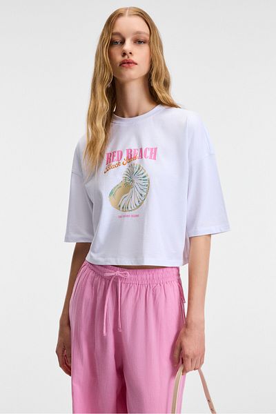 GRIMELANGE ORELZA Women's 100% Cotton Printed Round Neck Oversize Fit White T-Shirt