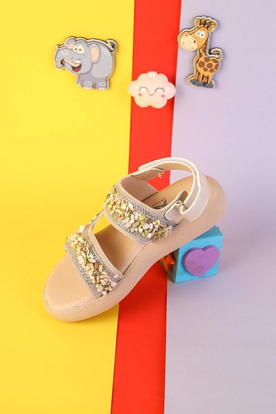 Moda Lime Baby Girl Child Stone Sim Filled Heel Foot Anatomical Fit Back Velcro Open Front Sandals Slippers