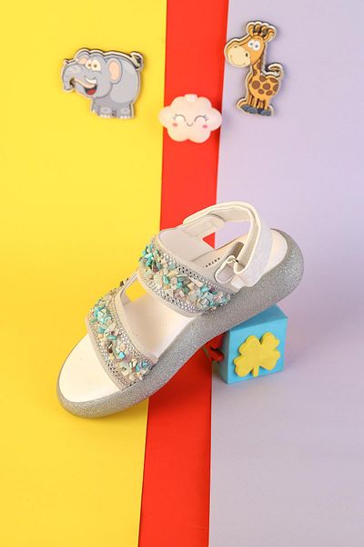 Moda Lime Baby Girl Child Stone Sim Filled Heel Foot Anatomical Fit Back Velcro Open Front Sandals Slippers