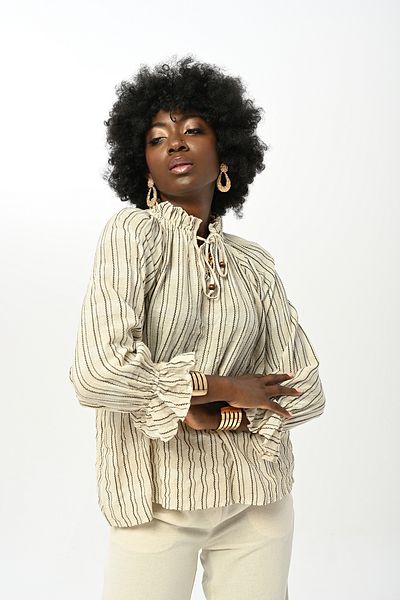 Orfeo Negro Women's Collar and Sleeves Shirt with Drawsting Stripes