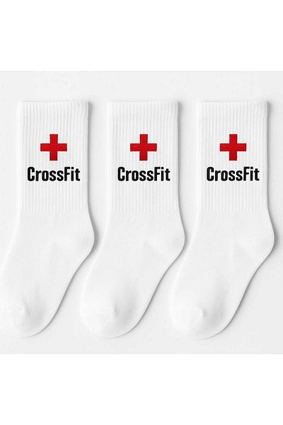 BS Parıltı White Corded Red Logo Patterned Unisex Socket Cotton Socks Set (3 Pieces)