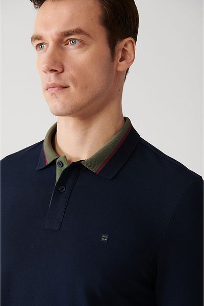 Avva Marineblaues, gestreiftes Herren-T-Shirt aus 100 % Baumwolle mit 2 Knöpfen und Polokragen E 001036