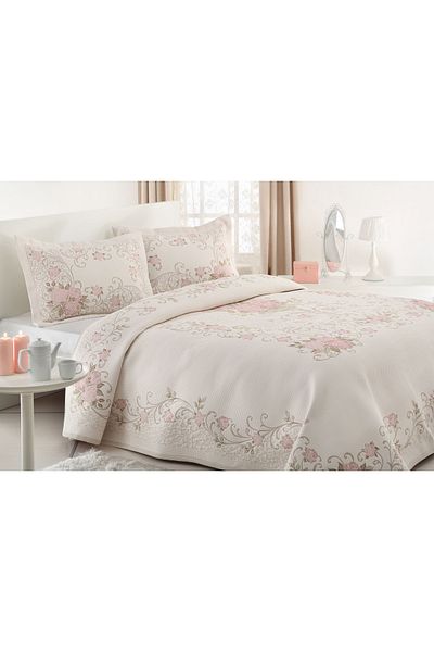 NEEA HOME Rosery Double Bed Cover Set Beige Color Multi-Purpose Pique Set with Daily 260X260Cm