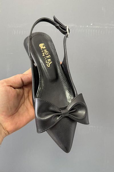 Preshley Sista Black Skin Bow Open Back 2 cm Heeled Pointed Toe Ballerinas