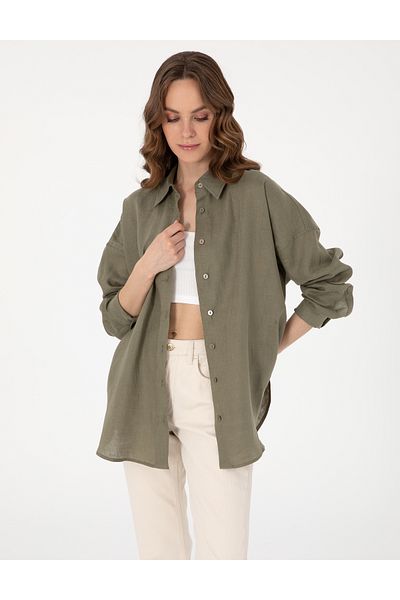 Pierre Cardin Khaki Oversize Long Sleeve Linen Shirt 50301078-Vr027