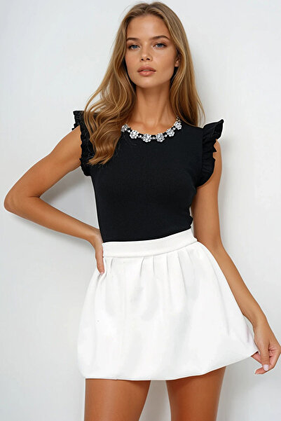 VAGGON Women's Black Metal Accessory Sleeve Ruffle Camisole Blouse Prmx5978-Rv