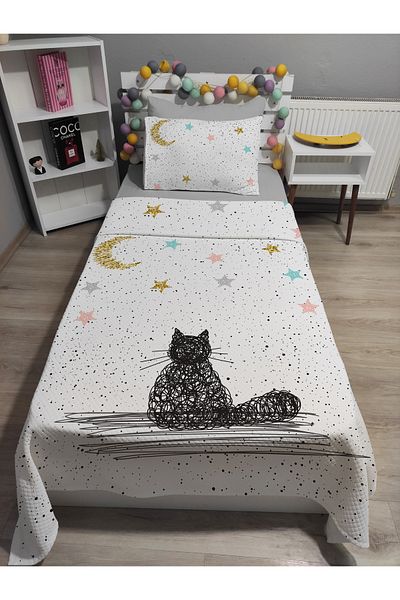 yok yok evim eve dair her şey 4 Piece Cat Patterned Single Pique Bedspread Set with Elastic Sheets