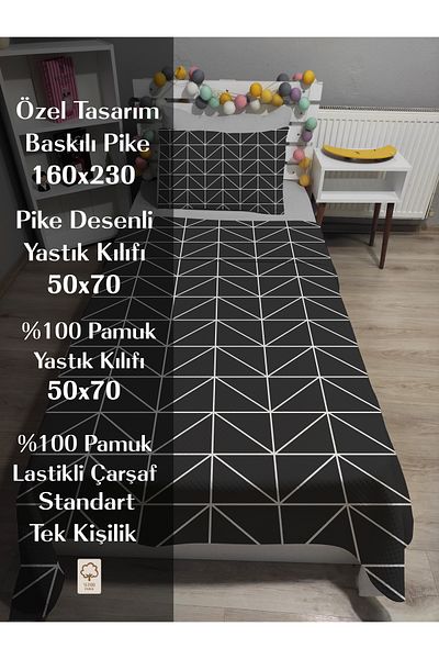 yok yok evim eve dair her şey 4 Piece Geometry Patterned Single Pique Bedspread Set with Elastic Sheets