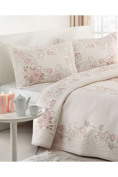 NEEA HOME Rosery Double Bed Cover Set Beige Color Multi-Purpose Pique Set with Daily 260X260Cm