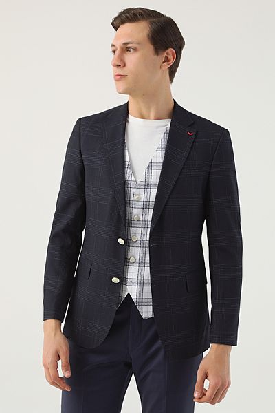 D'S Damat Ds Damat Slim Fit Navy Blue Dobby Suit with Combination