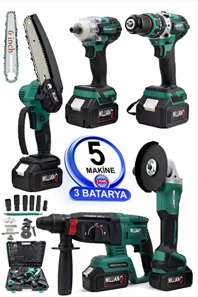 Millian Şarjlı 5 Makine 3 Batarya Akülü Kömürsüz Hilti - Taşlama - Somun Sökm...