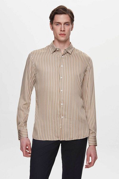 Twn Slim Fit Beige Striped Viscose Shirt