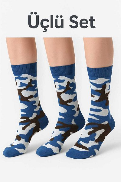 BS Parıltı Camouflage Patterned Blue Cotton Unisex Sock Set (3 Pieces)