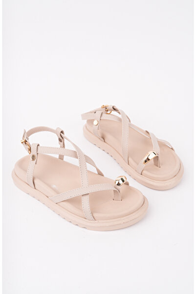 bakacstore صندل فليب فلوب نسائي باللون البيج اليومي بحلقة ذهبية رفيعة وحزام م...